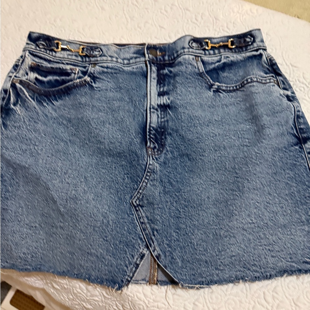 Express Blue Denim Mini Skirt with gold accents